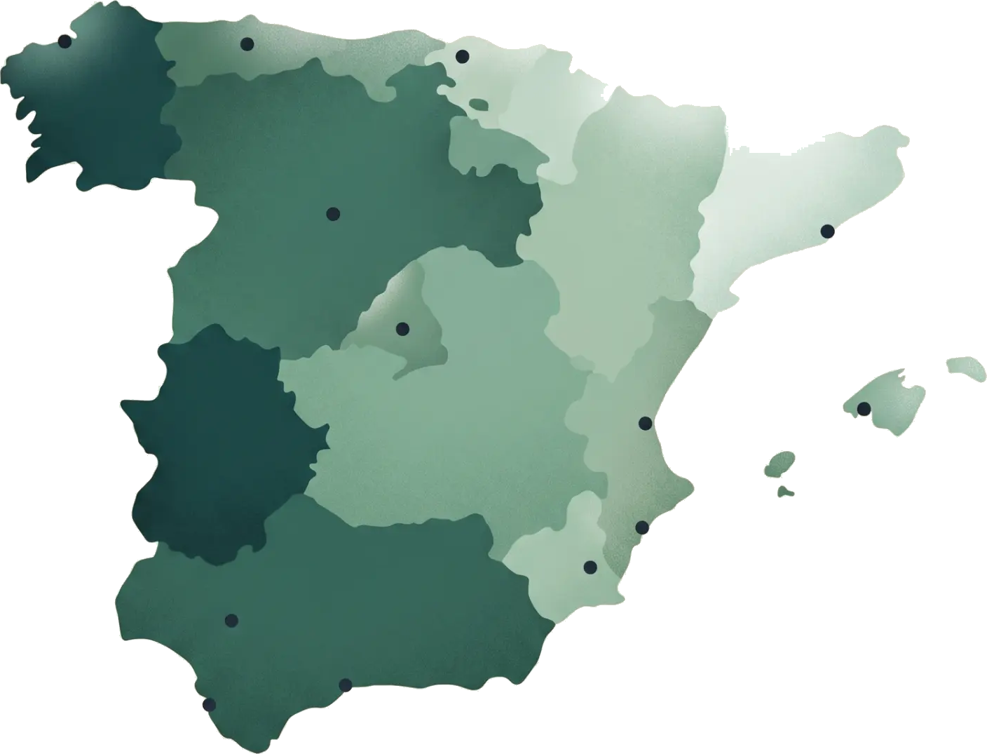 Mapa ilustrado de España con sus comunidades autónomas en tonos verdes, alcance nacional de Emplea Seguro