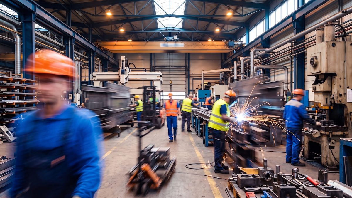 Nave industrial con operarios trabajando entre maquinaria pesada