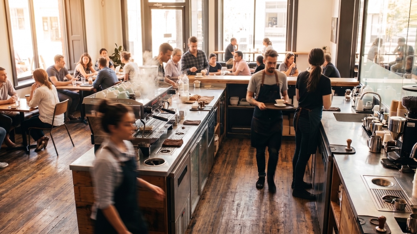 Equipo de una cafetería trabajando durante el servicio